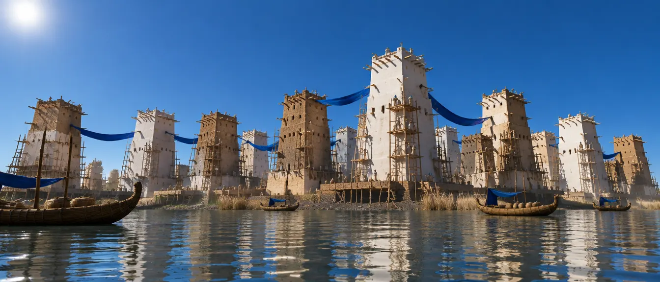 Dua belas menara Toronwall dilihat dari seberang sungai, separuh sudah diplester putih, kain nila terbentang di antaranya